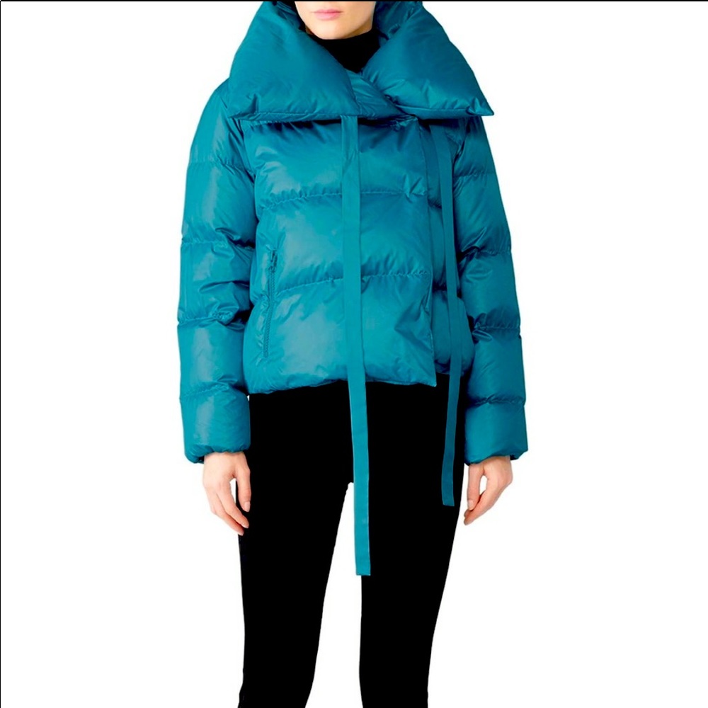 BACON puffy aqua blue jacket. Cropped.